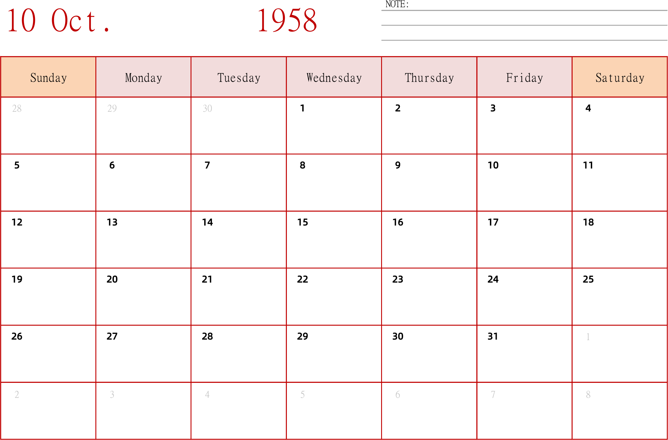 日历表1958年日历 英文版 横向排版 周日开始